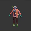3D Character Model With Orange Hooded Jacket Black Pants Mask Gloves And Backpacked Axe Knife
