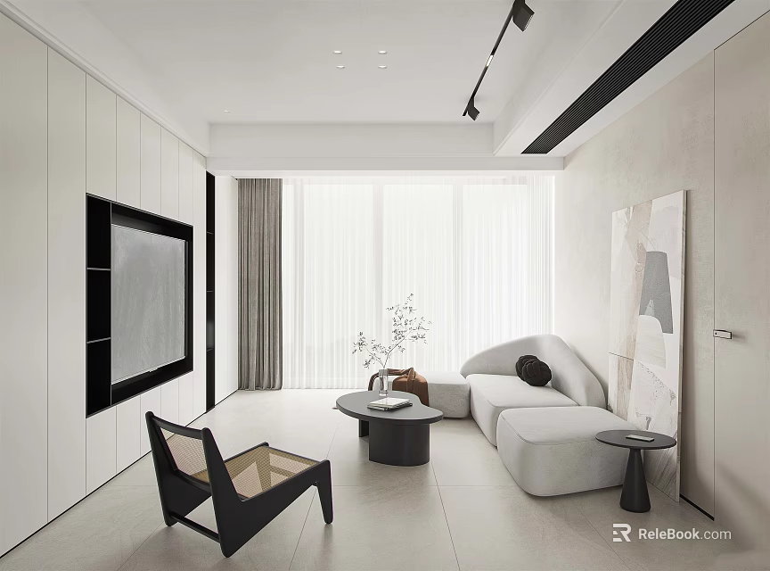 Modern Minimalist Living Room Interior Design With White Sofa Coffee Table TV Wall And Curtains 3d model 
