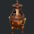 Antique Copper Stove with Ornate Lid Carved Patterns Lion Head Handles and Burning Embers