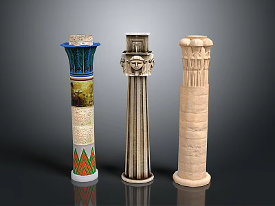 Decorative Columns With Colorful Patterns Intricate Face Carvings and Simple Stone Design 3d model
