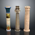 Decorative Columns With Colorful Patterns Intricate Face Carvings and Simple Stone Design