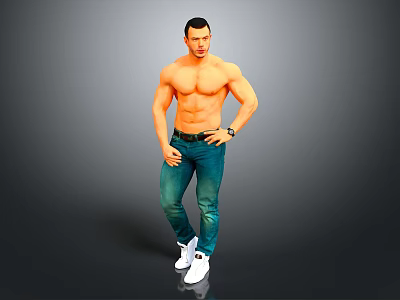 Game Movie Character Shirtless Muscular Male In Blue Jeans And White Sneakers With Confident Stance 3d model
