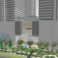 Urban Commercial Street With High Rise Buildings And Colorful Facade Surrounded By Greenery