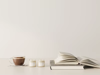 Minimalist Decorative Ornament Set With Coffee Cup Small Jars And Open Book On White Table 3d model