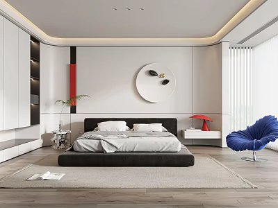 Modern Bedroom Interior Design With Platform Bed Blue Accent Chair And Wall Decor 3d model