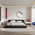 Modern Bedroom Interior Design With Platform Bed Blue Accent Chair And Wall Decor