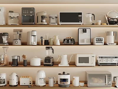Kitchen Appliances of Various Types Arranged Neatly on Shelves in Kitchen 3d model