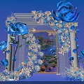 Event Entrance Archway With Blue Roses Pink Floral Decorations Water Lily Painting And White Columns