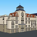 Elegant European Style Building With Red Roof Tower Garden Square And People Walking