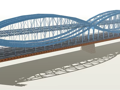 Modern Blue Steel Structure Bridge With Arched Frames And Support Beams Under Daylight Shadow 3d model