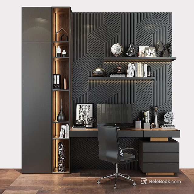 Modern Home Office Desk And Chair Set With Black Geometric Wall And Bookshelf 3d model 