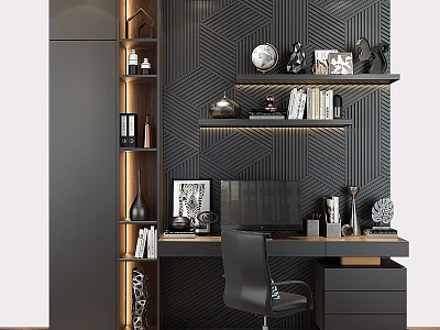 Modern Home Office Desk And Chair Set With Black Geometric Wall And Bookshelf 3d model