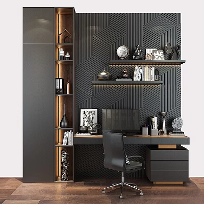 Modern Home Office Desk And Chair Set With Black Geometric Wall And Bookshelf 3d model