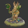 Game Movie Rabbit Character With Moon Star Staff Patterned Outfit On Green Base
