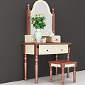 Classic Dressing Table with Arched Mirror Drawers Stool and Green Plant Vase