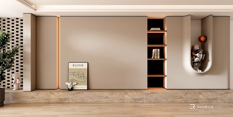 Modern Minimalist Sofa Background Wall With Decor And Bookshelf 3d model 
