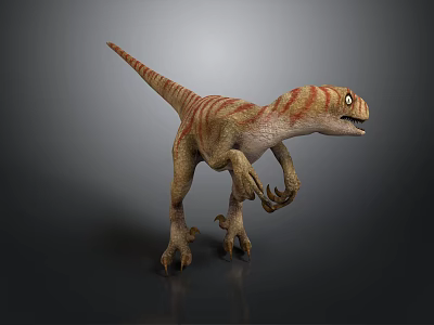 Realistic Velociraptor Dinosaur Model With Orange White Stripes Standing On Gray Background 3d model