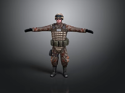 Military Soldier 3D Model In Camouflage Uniform With Helmet And Tactical Vest Arms Outstretched 3d model