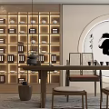Simple Natural Tea Room with Wooden Bookshelf Teaware Circular Calligraphy Painting Long Wooden Table Stools