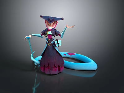 Wide Brim Hat Witch Character With Purple Robe And Blue Serpent Creature Standing Together 3d model
