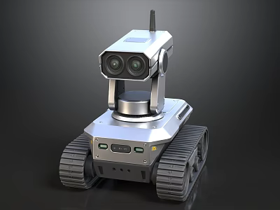 Silver Tracked Robot With Dual Cameras And Antenna For Surveillance Tasks 3d model