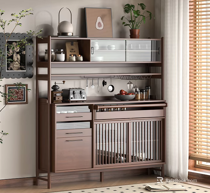 Modern Wooden Sideboard With Open Shelves Storage Cabinets Drawers Decorative Items And Plants In Kitchen 3d model 
