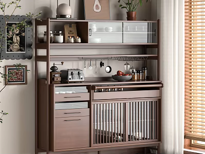 Modern Wooden Sideboard With Open Shelves Storage Cabinets Drawers Decorative Items And Plants In Kitchen 3d model