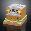 Cartoon Pixel House Scene With Brown Bricks Gray Roof Green Grass And White Decorations