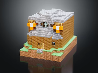 Cartoon Pixel House Scene With Brown Bricks Gray Roof Green Grass And White Decorations 3d model