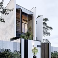 Stylish Modern Detached Villa Exterior With Large Lattice Windows And Green Plants