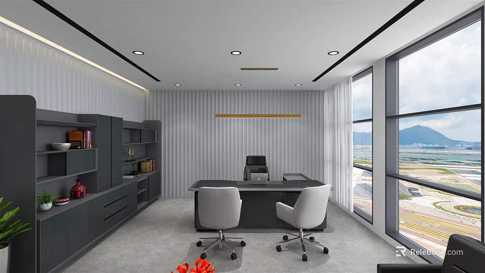 Modern Office Interior With Striped Walls Large Windows Desk Two Chairs And Grey Bookshelves 3d model 