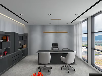 Modern Office Interior With Striped Walls Large Windows Desk Two Chairs And Grey Bookshelves 3d model