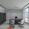 Modern Office Interior With Striped Walls Large Windows Desk Two Chairs And Grey Bookshelves