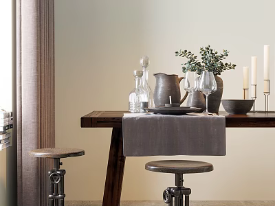 Wooden Dining Table Set With Stools Table Runner Vase With Greenery Tableware And Candles 3d model