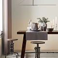 Wooden Dining Table Set With Stools Table Runner Vase With Greenery Tableware And Candles