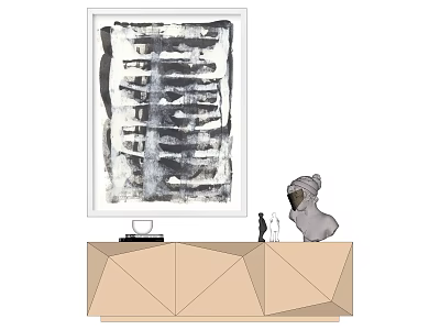 Geometric Cabinet With Black White Abstract Painting And Hat Wearing Sculpture In Interior Decor 3d model