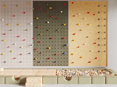 Sports Equipment For Climbing Wall With Colorful Holds And Safety Mats 3d model