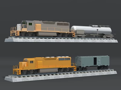 Gray and Yellow Model Trains with Silver Tank Car and Blue Freight Car 3d model
