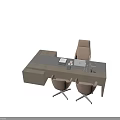 Modern Office Desk With Brown Chair and Two Guest Chairs Laptop Documents and Office Supplies