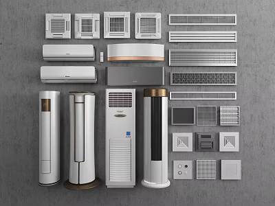 Different Types of Air Conditioner Fans Including Wall Mounted Floor Standing and Cabinet Models 3d model