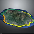 Detailed Mountainous Terrain Model With Green Vegetation And Blue Water Areas