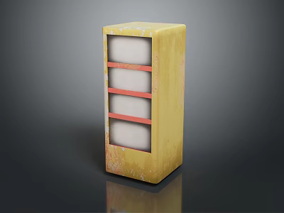 Yellow Storage Cabinet With Three Red Framed White Shelves And Distressed Finish 3d model