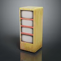 Yellow Storage Cabinet With Three Red Framed White Shelves And Distressed Finish