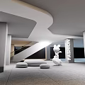 Modern Interactive Zone Interior With Circular Wooden Ceiling White Floor And Tables Chairs