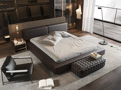 Modern Bedroom Interior With Platform Bed Nightstand Leather Chair Ottoman and Floor Lamp 3d model