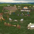 Traditional Mongolian Garden Landscape With Yurts Stalls Camels People And Decorative Flags