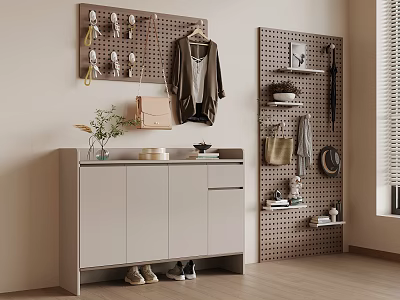 Modern Entryway With Pegboard Wall Storage Cabinet Shoes Vase And Wooden Floor 3d model