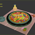 Delicious Pizza Topped With Vegetables On Bamboo Mat With Sauce Bowl And Dried Flowers