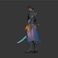 Man Wearing Shiny Blue Armor Holding Glowing Sword with Orange Gloves