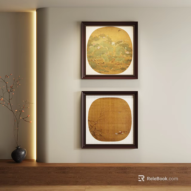 Two Circular Abstract Paintings With Wooden Frames And Decorative Elements On Wall Art 3d model